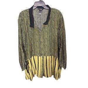 Ali Miles‎ Womens 3X Black & Yellow Button-Front Striped Tunic Blouse Loose Fit